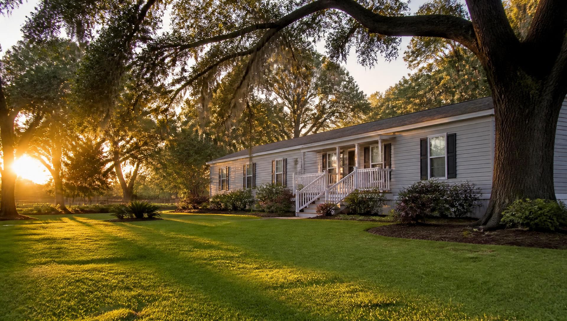 A well-kept mobile home on Southeastern property at golden hour